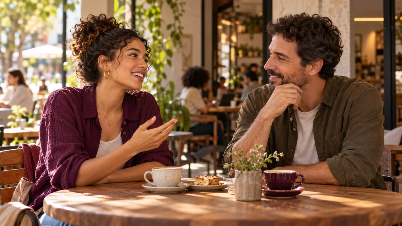 Duas pessoas trocam ideias em um café, com um caderno sobre a mesa.